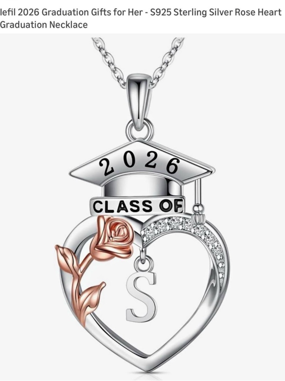 2026 Graduation Rose Heart Pendant Necklace - Sterling Silver